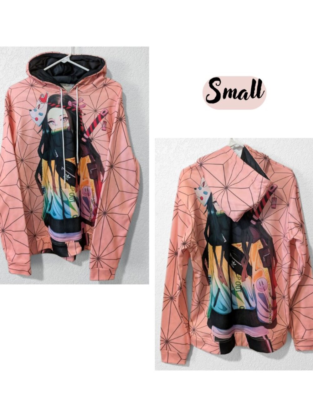 Anime Nezuko Demon Slayer Pink Oversized Graphic Hoodie Sweatshirt Small